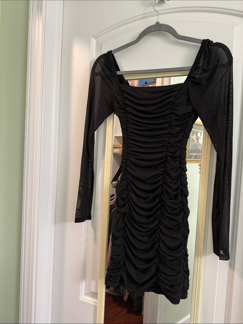 Leith Black Long-Sleeve Ruched Mesh Bodycon Dress